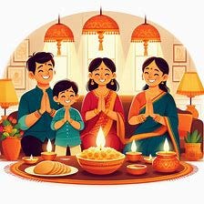 Indian family celebrating Diwali festival. Image 3 of 4