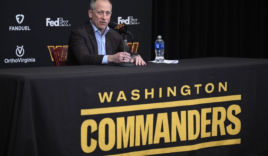 Washington Commanders' owner Josh Harris speaks to the media in January 2024