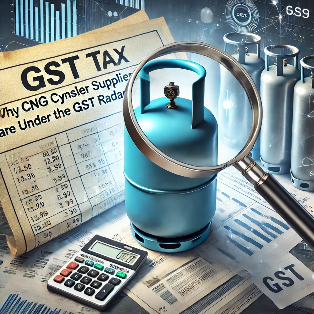 A business concept image representing the topic 'Why CNG Cylinder Suppliers Are Under the GST Radar'. The image should feature a CNG cylinder in the foreground, with a backdrop of a financial document showing GST tax regulations, and a magnifying glass over the cylinder symbolizing scrutiny. The image should convey a sense of business investigation and government oversight in a professional and informative style.