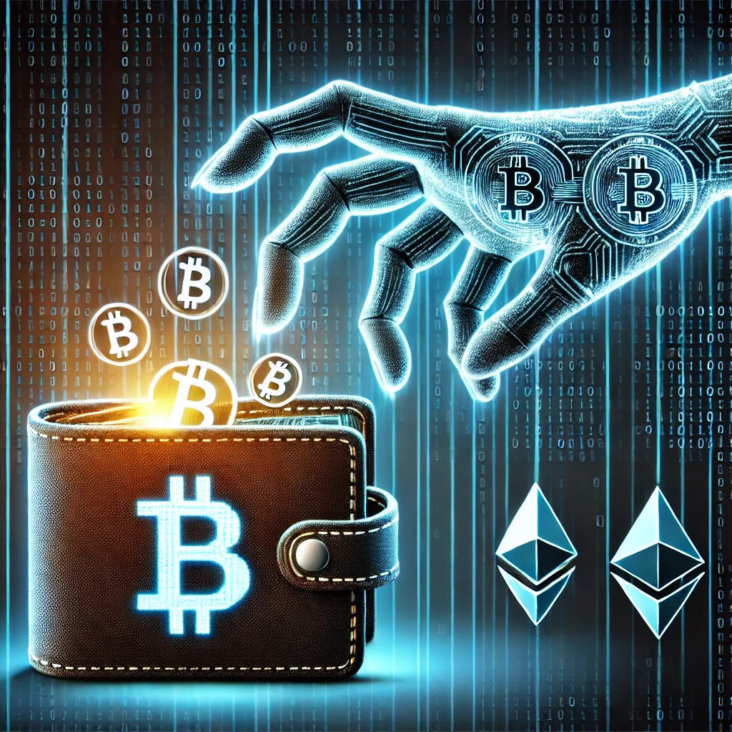 A digital illustration depicting a 'crypto wallet drainer' in action. The image shows a glowing, pixelated digital hand or claw reaching into a wallet-shaped icon filled with cryptocurrency logos like Bitcoin and Ethereum. The hand appears ominous and tech-like, representing its digital nature, with a glowing effect that suggests energy or power. The background is a dark, tech-themed gradient with subtle binary code patterns, emphasizing the cyber context.