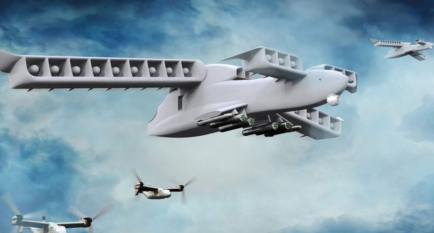 The Aurora LightningStrike aircraft, an unmanned, hybrid propulsion aircraft capable of vertical take-off and landing has been considered by DARPA