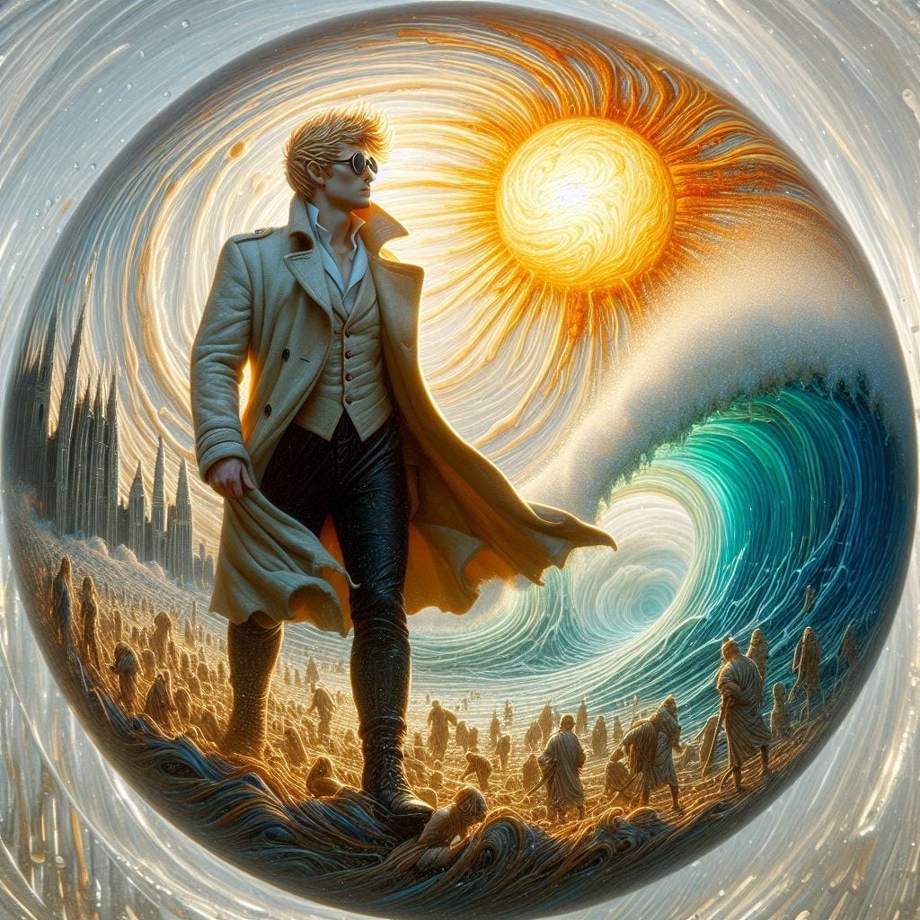 resin sun inside glass; tiltshift /flying at angles/ 8d angled glass embedded /beautiful, heroic, strong handsome Asian man / velvet blonde, cream, ivory long coat/ black leather boots. water in resin/ ; he is at Monks mound at Cahokia / amber cream,tsunami full of fire/ reverberating waves. black hole in floor/ water in resin verdigris/ In the style of Michael Parkes. black etching/ black linework/ daytime sky/fluffy clouds 