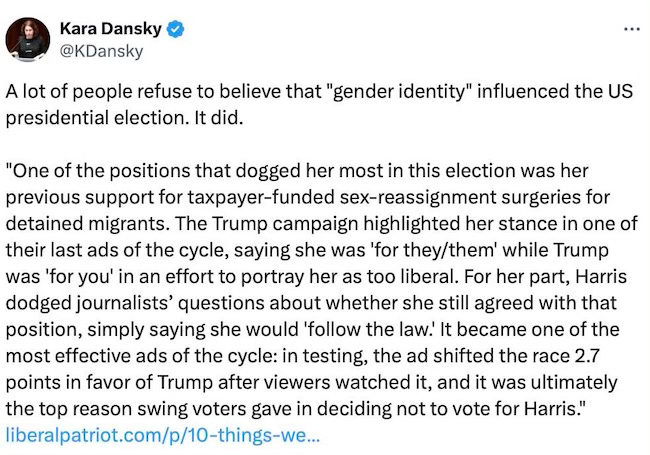 Trans activism drove voters to Trump as Harris states she supports "sex change" surgeries for migrants.