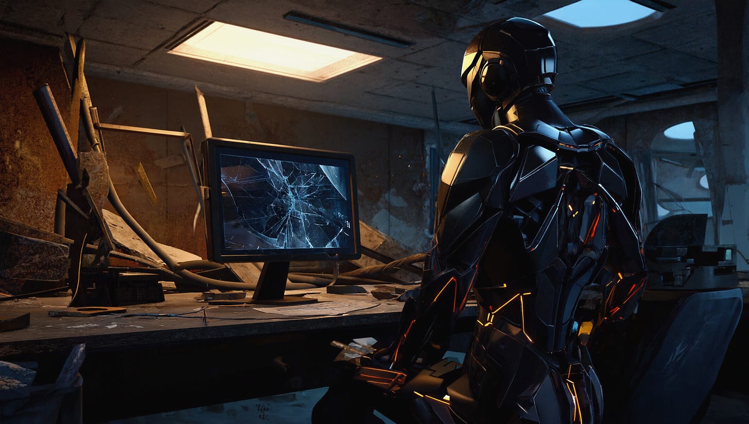 Android in a ruined office