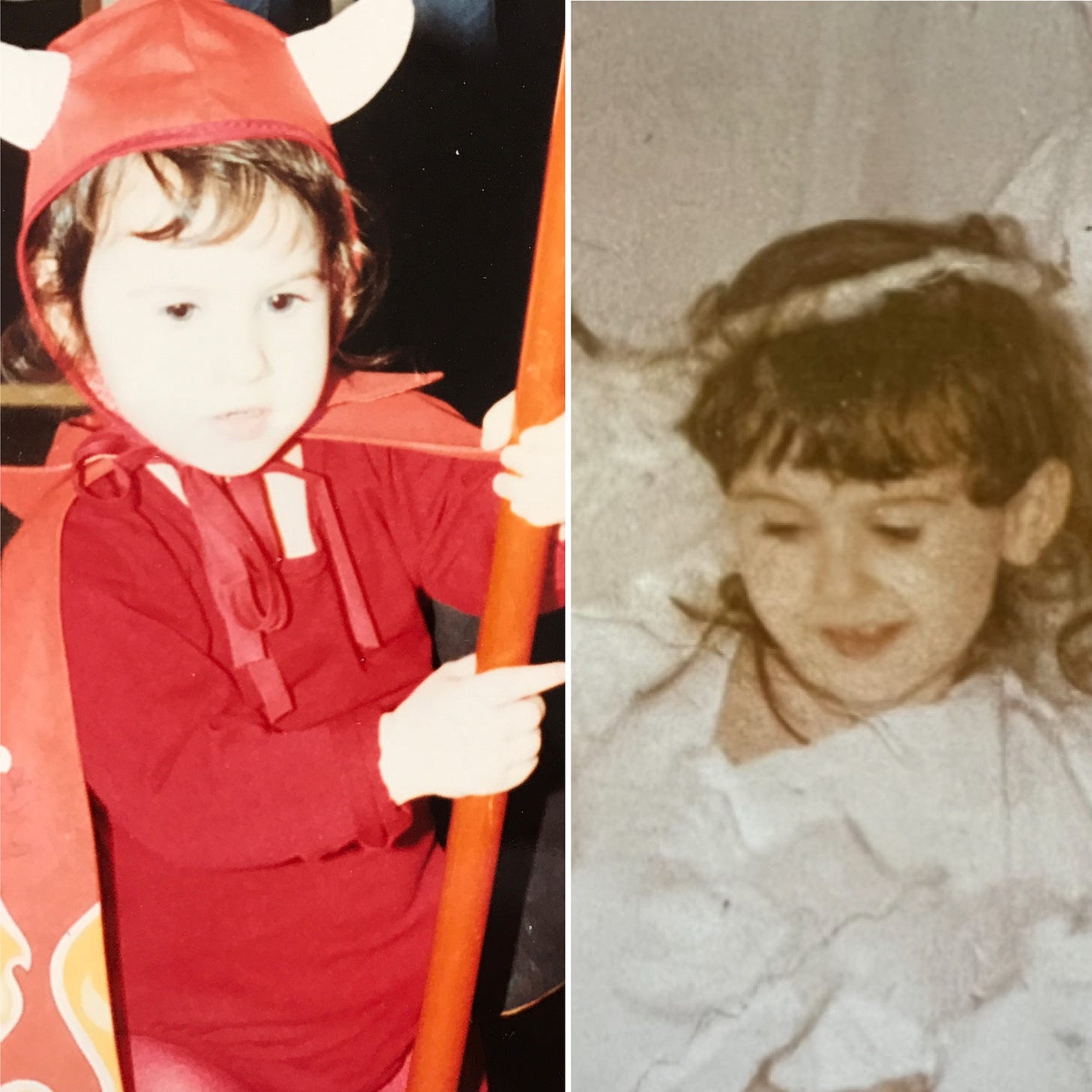 Two Halloween costumes from Lyric’s childhood, on the left is the little red devil costume, and on the right is the angel costume, made with duck feathers. 