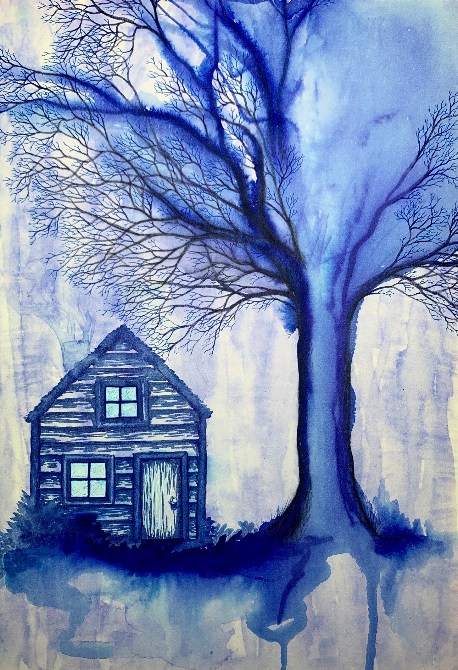 An ink drawing of a blue tree that fades into the background with a house beneath that has bright blue highlights on its windows and wooden slats.