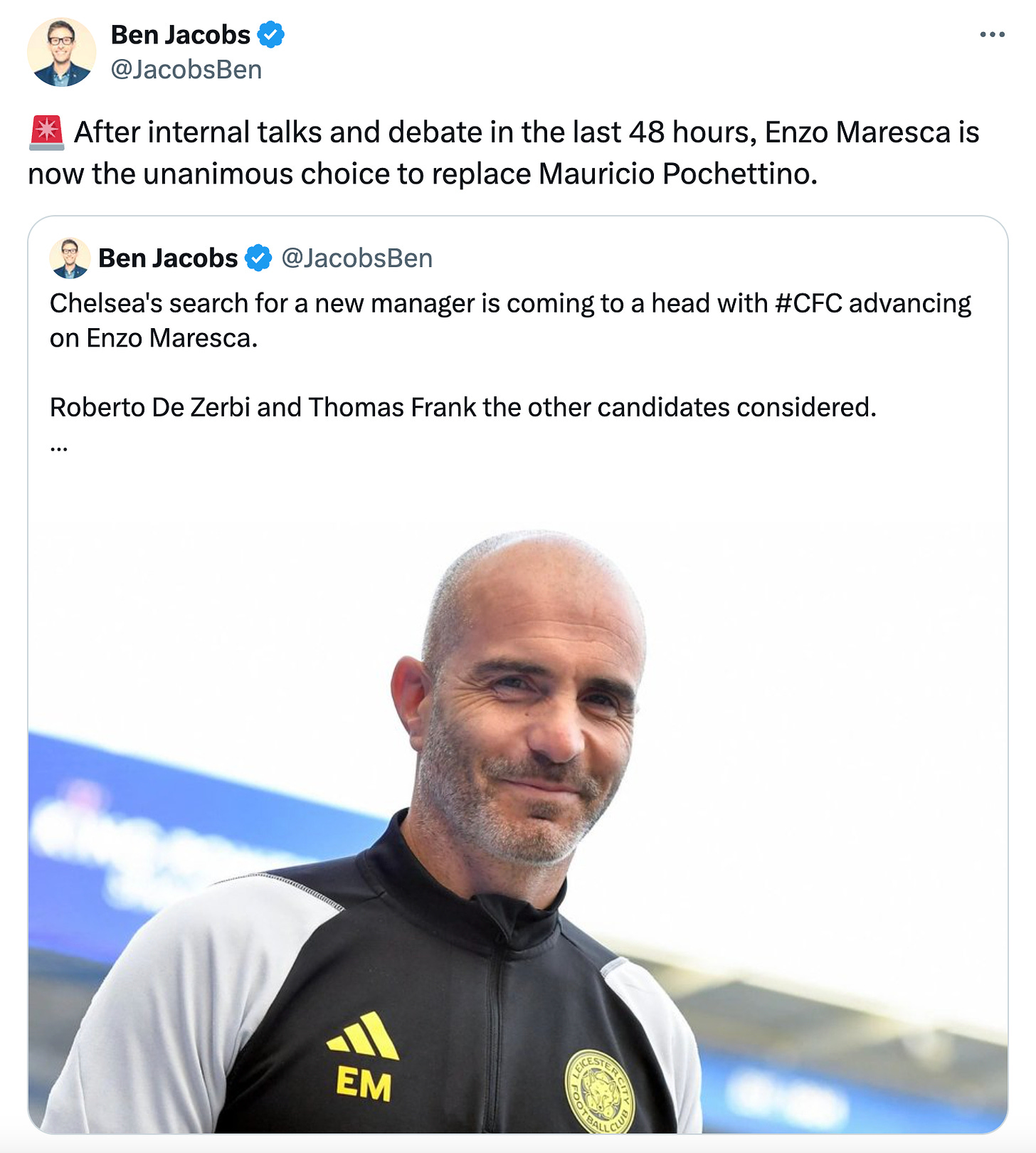 A tweet by Ben Jacobs about Enzo Maresca being the unanimous choice to replace Mauricio Pochettino as Chelsea manager