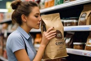 an attractive woman smelling a bag of coffee in the supermarket by squeezing it and sniffing the air that come out