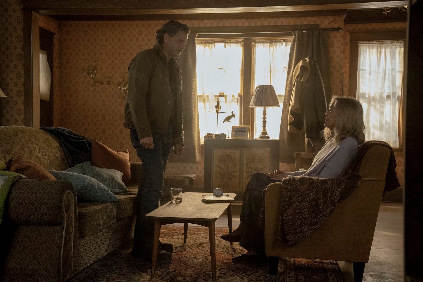 Pedro Pascal as Joel and Catherine O’Hara as Gail in The Last of Us Season 2, Episode 1, “Future Days.” Pedro Pascal as Joel and Catherine O’Hara as Gail in The Last of Us Season 2, Episode 1, “Future Days.”