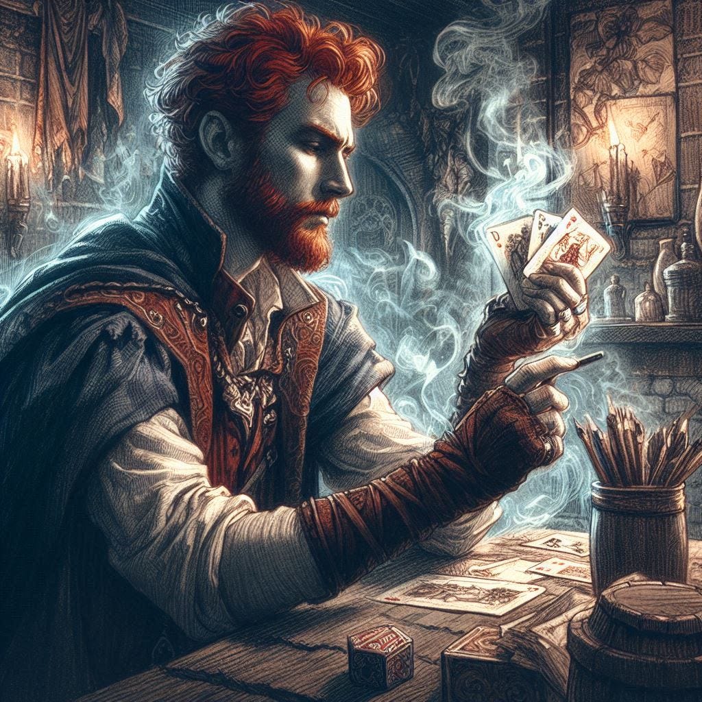 red-haired man looking at the cards in his hand, in a smokey bar, medieval times, dungeons and dragons fantasy drawing
