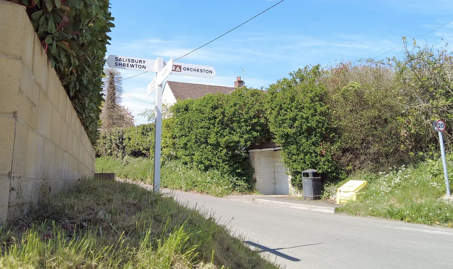 A crossroads finger post sign in Orcheston, Wiltshire