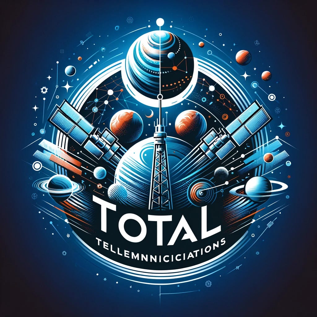 Design a modern and futuristic logo for "Total Telecommunications," a near-future mega-corporation initially focused on communications but has expanded into the space industry. The logo should embody the essence of cutting-edge technology and space exploration. Incorporate elements that symbolize connectivity, global reach, and space exploration, such as satellites, planetary orbits, and digital networks. The color scheme should be bold and dynamic, reflecting the company's innovative and expansive nature. This logo will represent the company's identity across various platforms, emphasizing its leadership in both telecommunications and space exploration.