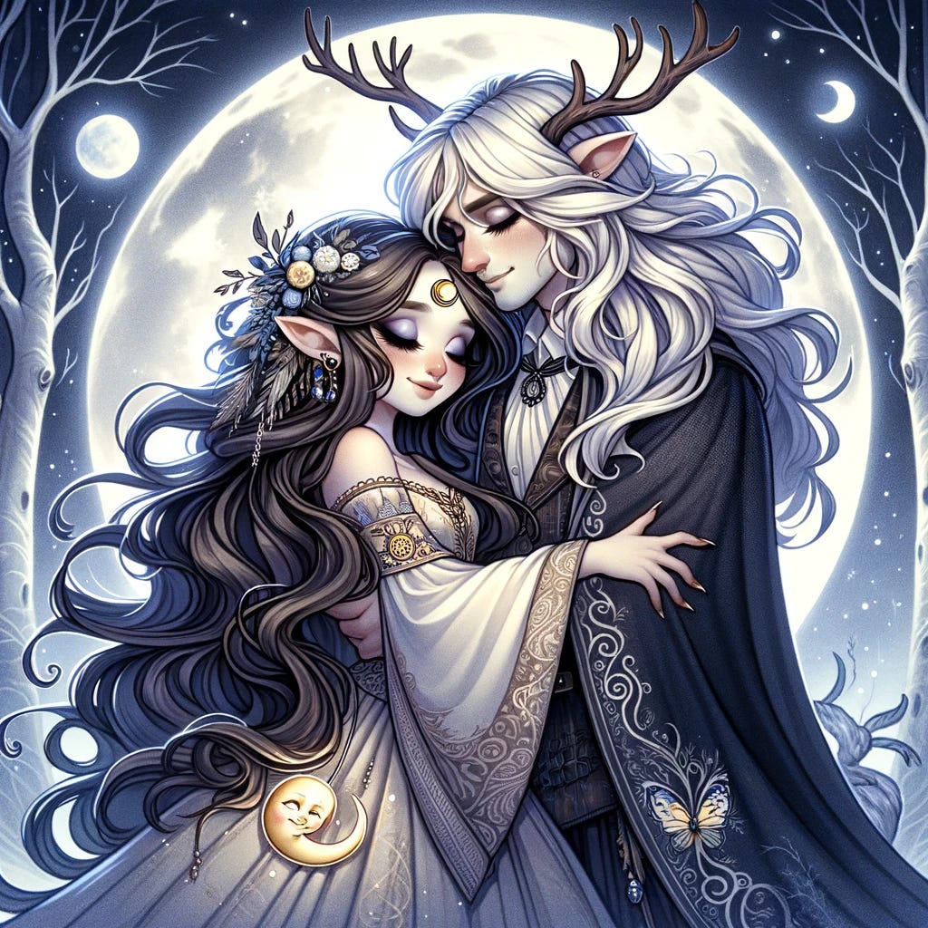 Fantasy illustration inspired by Wicca, featuring the Moon Goddess and the Horned God in a lovely, cute embrace. The Moon Goddess has long, flowing hair and wears a gown adorned with moon symbols, her expression is serene and affectionate. The Horned God has gentle features, antlers on his head, and a cloak decorated with forest motifs. They are in a mystical forest setting, with a bright full moon overhead, casting a soft, silver light. The scene is imbued with a sense of magic, love, and harmony, capturing the essence of their mythical connection.