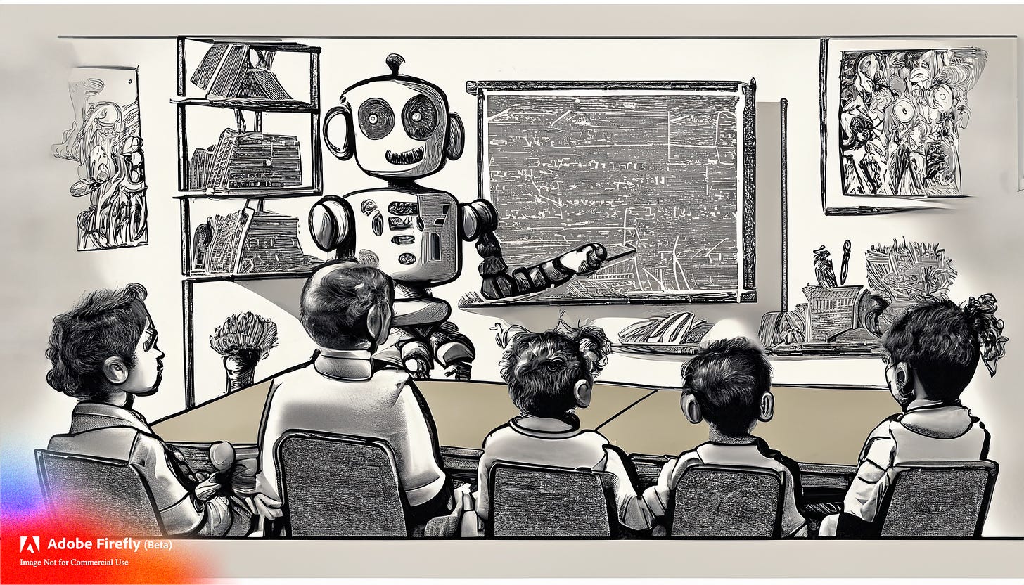 a line etching of a Robot teaching a classroom full of human children