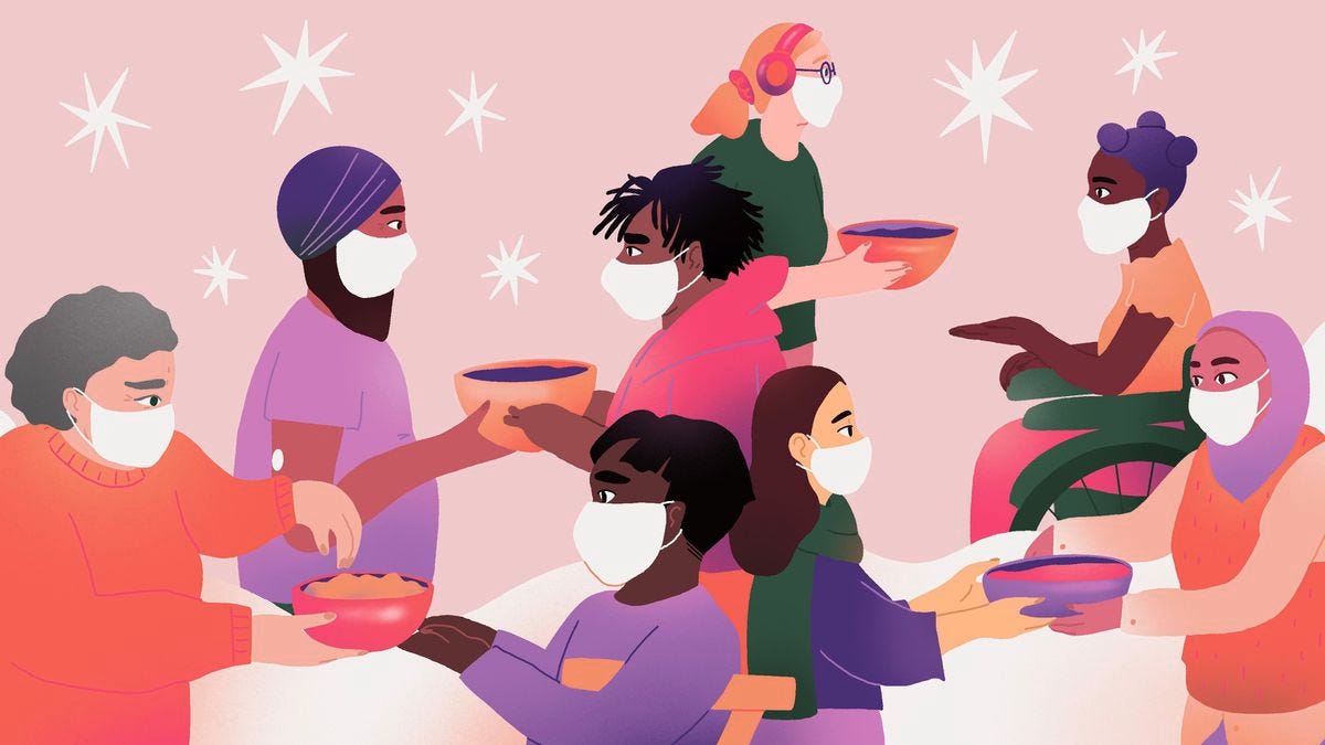 A richly colored illustration of people wearing surgical masks exchanging bowls of food