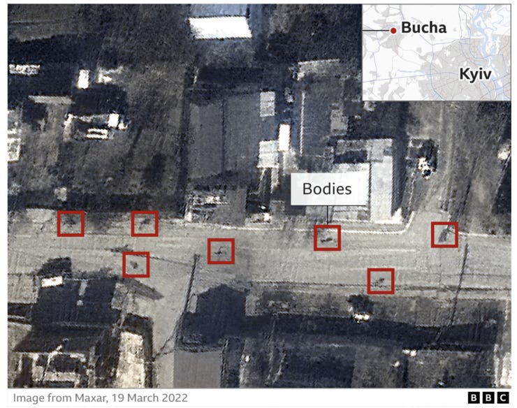 Satelletbeeld van lichamen op straat in Boetsja (https://www.bbc.com/news/60981238)