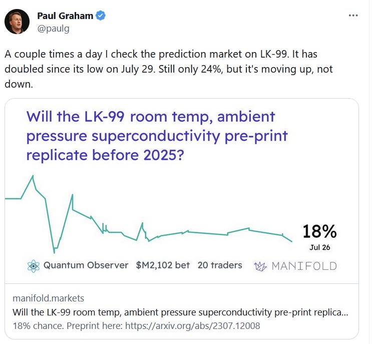 Tweet from Paul Graham saying he has been checking Manifold a few times a day