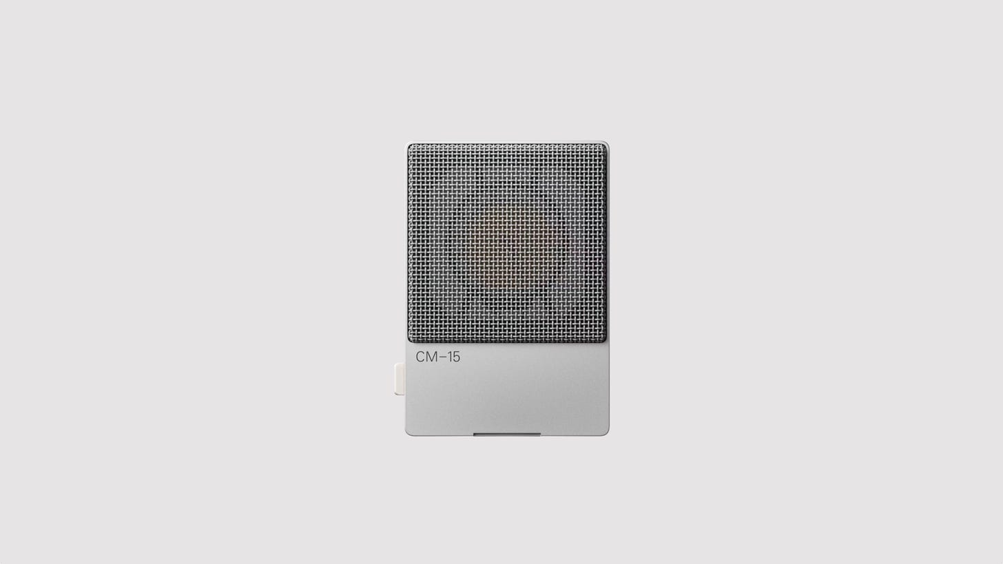 The CM-15 microphone from Teenage Engineering on a gray background. 