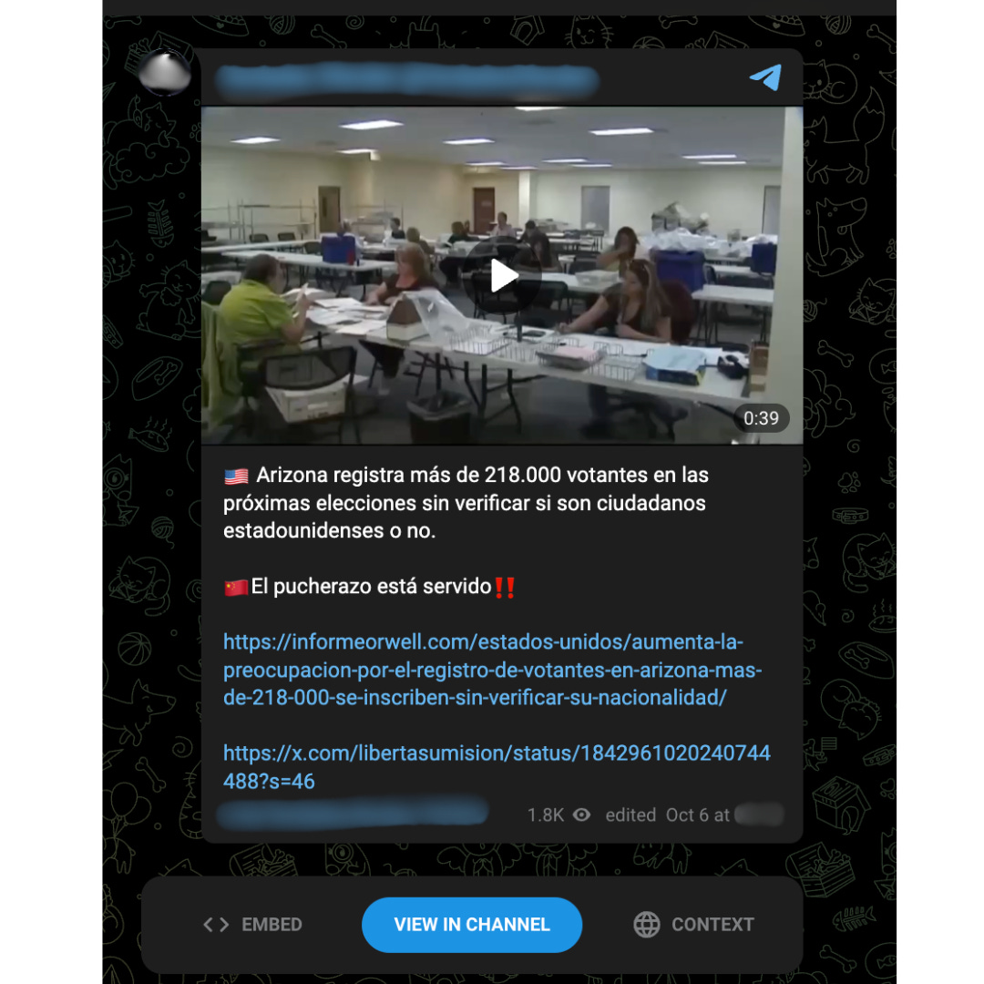 A Telegram post in Spanish about the Arizona error