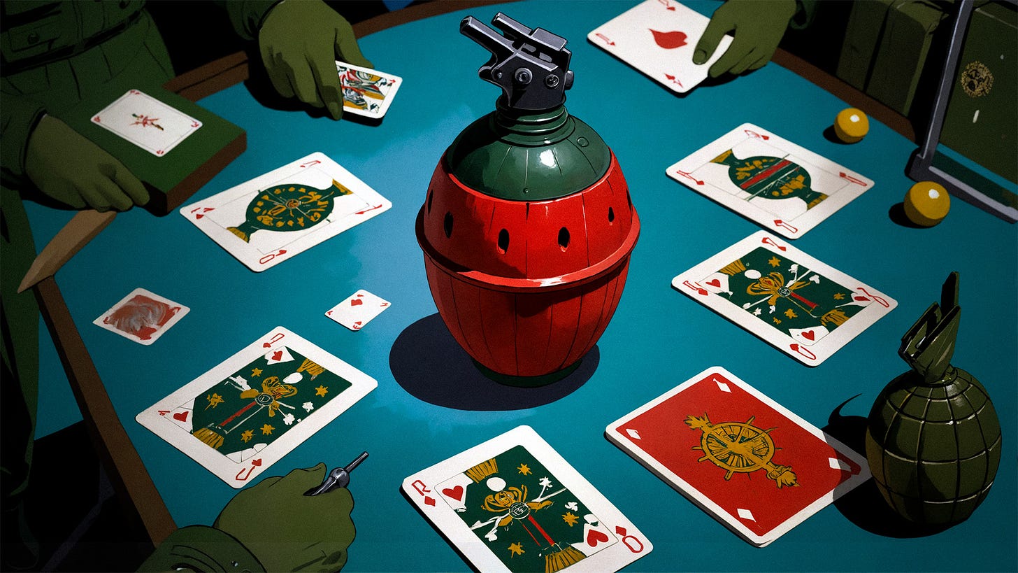 Digital illustration in noir game style by the author: Playing cards with nautical designs scattered on a turquoise table around a central red hand grenade. Green grenades at edges suggest mounting tension. Clean lines and dramatic lighting create an unsettling contrast between casual card game and lurking threat. Digital tools include AI.