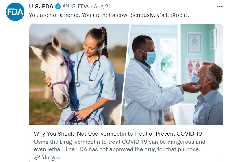 FDA ivermectin warning: You are not a horse. You are not a cow ...