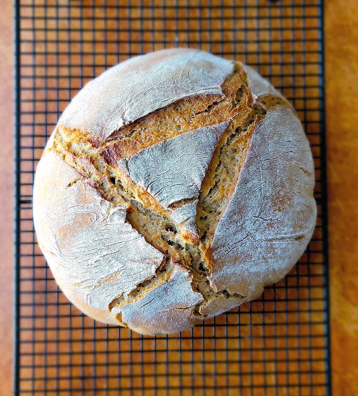 A loaf of cider rye cooling on a rack. 