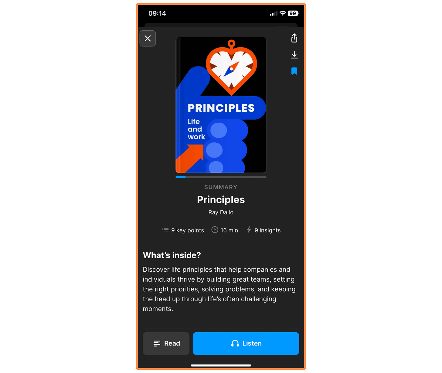 Headway’s cover of the book Principles (dark mode)