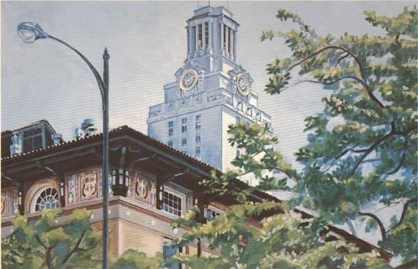 Richard Bartholomew, The University of Texas Tower, 1982, 24" x 36", oil on masonite, Collection, The University of Texas at Austin