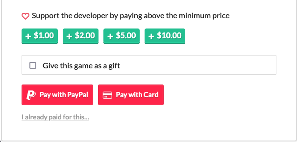 Itch.io checkout screen with options to pay with PayPal or Credit Card