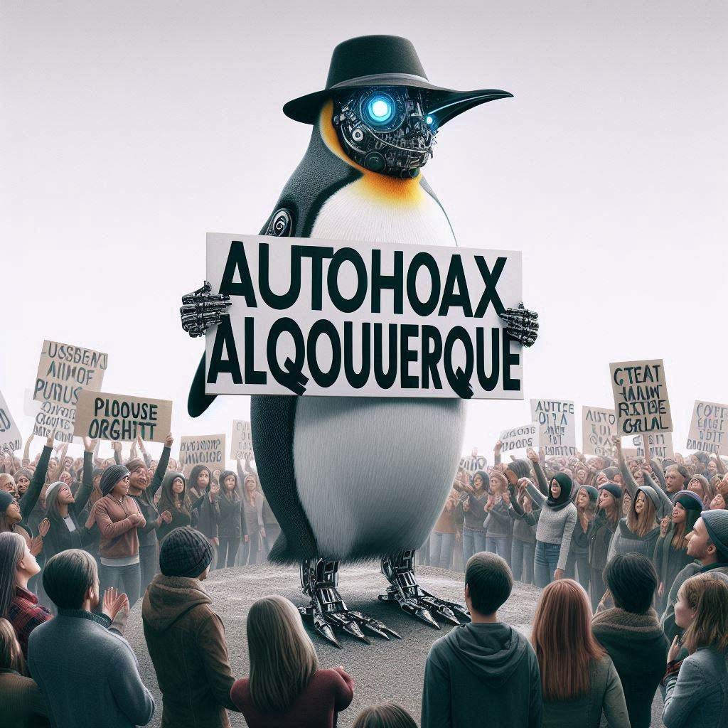 cyborg penguin by a  mob of people holds  sign says "AUTOHOAX ALBUQUERQUE" 