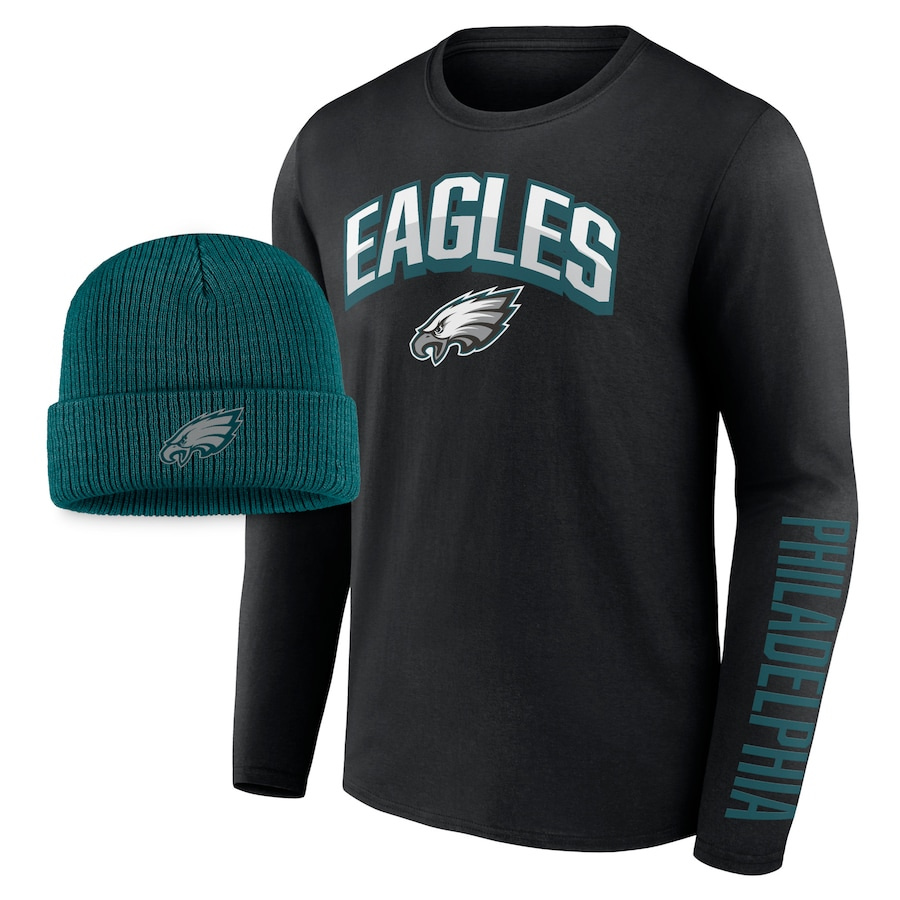 Men's Philadelphia Eagles Fanatics Branded Black/Midnight Green Long Sleeve T-Shirt & Cuffed Knit Hat Combo Pack