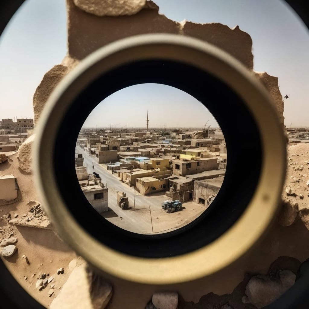 Imaginary view of Mosul through a scope, courtesy Midjourney