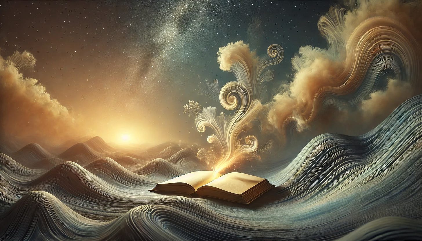 A surreal landscape depicting creativity and writing. In the foreground, an open book glows with soft golden light, resting on a flowing, wave-like terrain resembling ink or parchment. Wisps of delicate, swirling smoke rise from its pages, blending into the starry sky. The background features a cosmic expanse with a subtle, ethereal portal symbolizing imagination. The muted color palette consists of warm golds, deep blues, and soft grays, creating a dreamlike and tranquil atmosphere. The composition evokes a sense of wonder, storytelling, and the magic of creative expression.