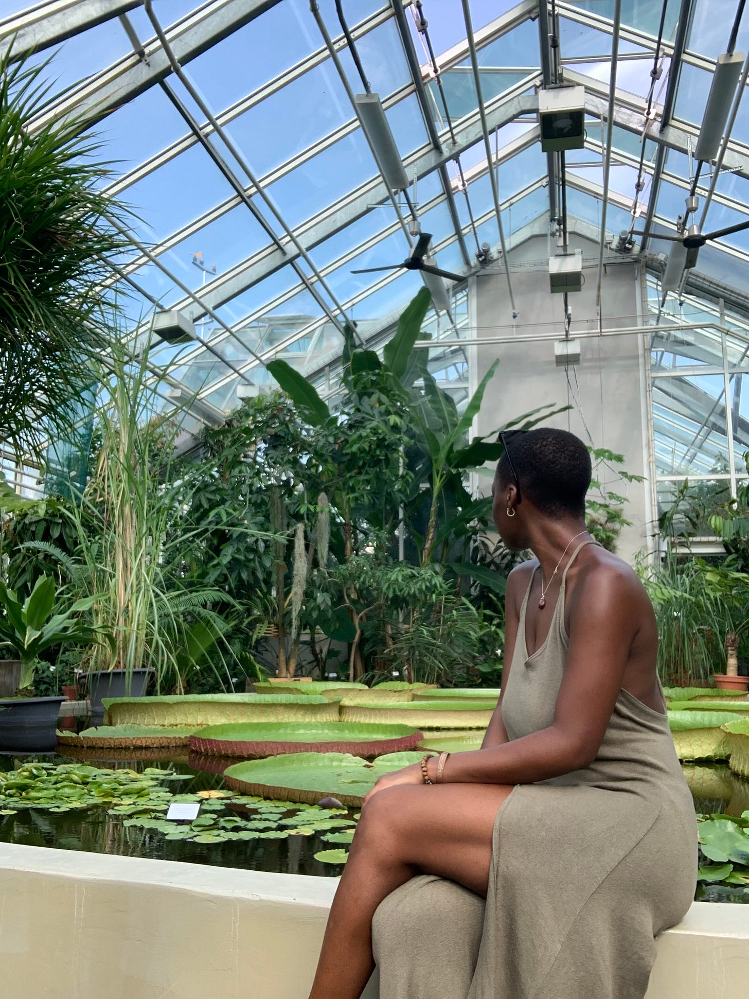 black woman in a long olive green dress, stairs at a pond inside a tropical greenhouse