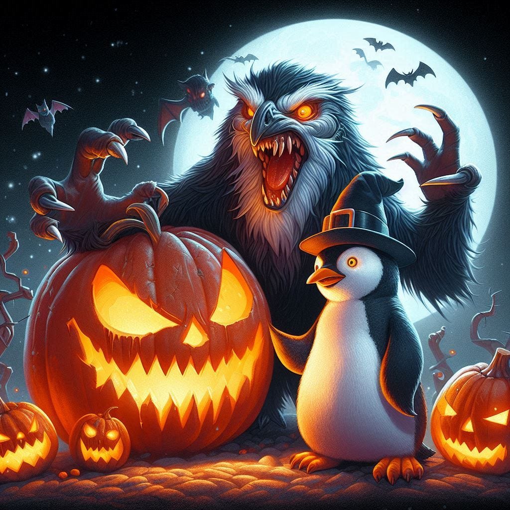 scary werewolf penguin and demonic jackolantern