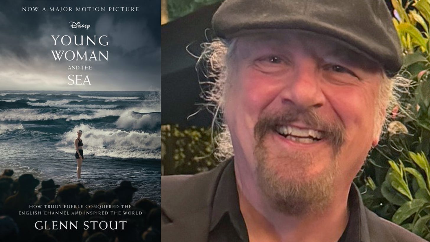 The Disney “Major Motion Picture” cover of sport historian Glenn Stout’s book, Young Woman and the Sea: How Trudy Ederle Conquered the English Channel and Inspired the World” next to a photo of Stout wearing a jaunty hat and smiling.