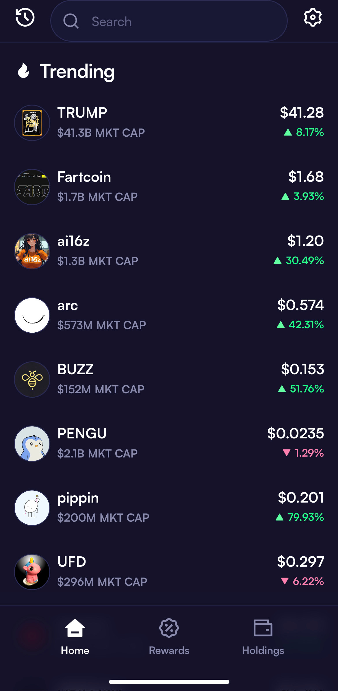 Simple Moonshot interface showing trending memecoins.