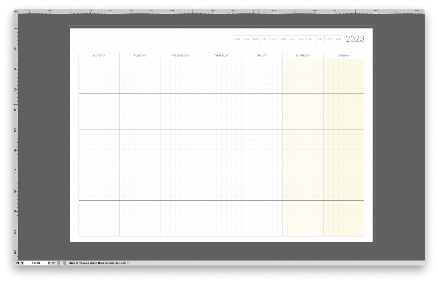 A white calendar page on a dark grey background. 7 x 5 rectangles, with dotted 8 x 7 square grid within each. 2023 in largish type on the top right, and 12 rectangles extending half way along the top to the left of the 2023 date, with JAN, FEB, MAR, etc. written inside.