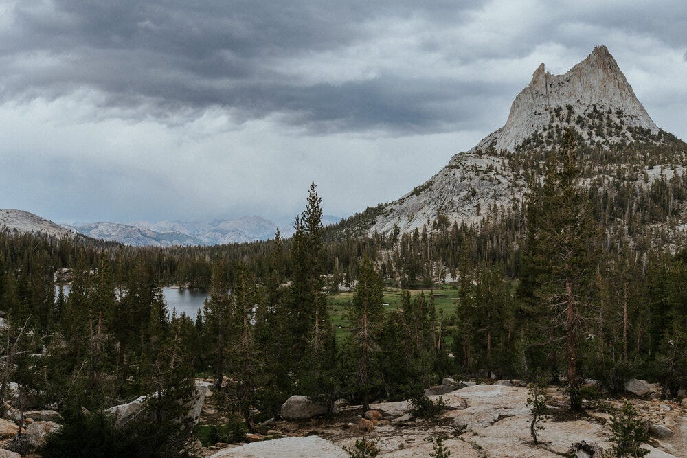 Cathedral Peak among moody clouds.
