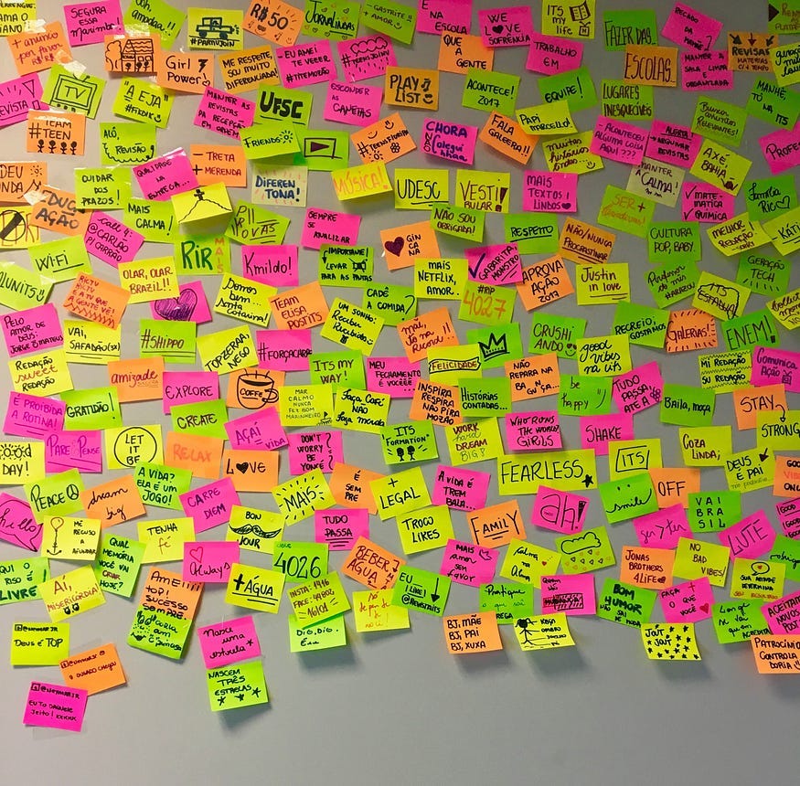 Lots of colourful post-it notes on a whiteboard