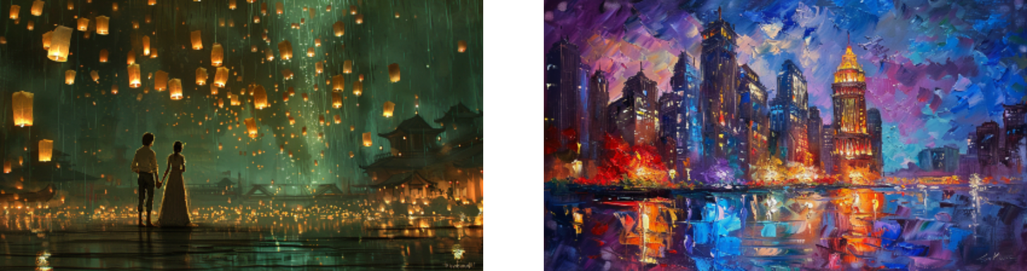 Left: A couple holding hands, surrounded by floating lanterns in a serene, green-lit setting. Right: A vibrant, impressionistic oil painting of a cityscape at night, with colorful reflections on the water.