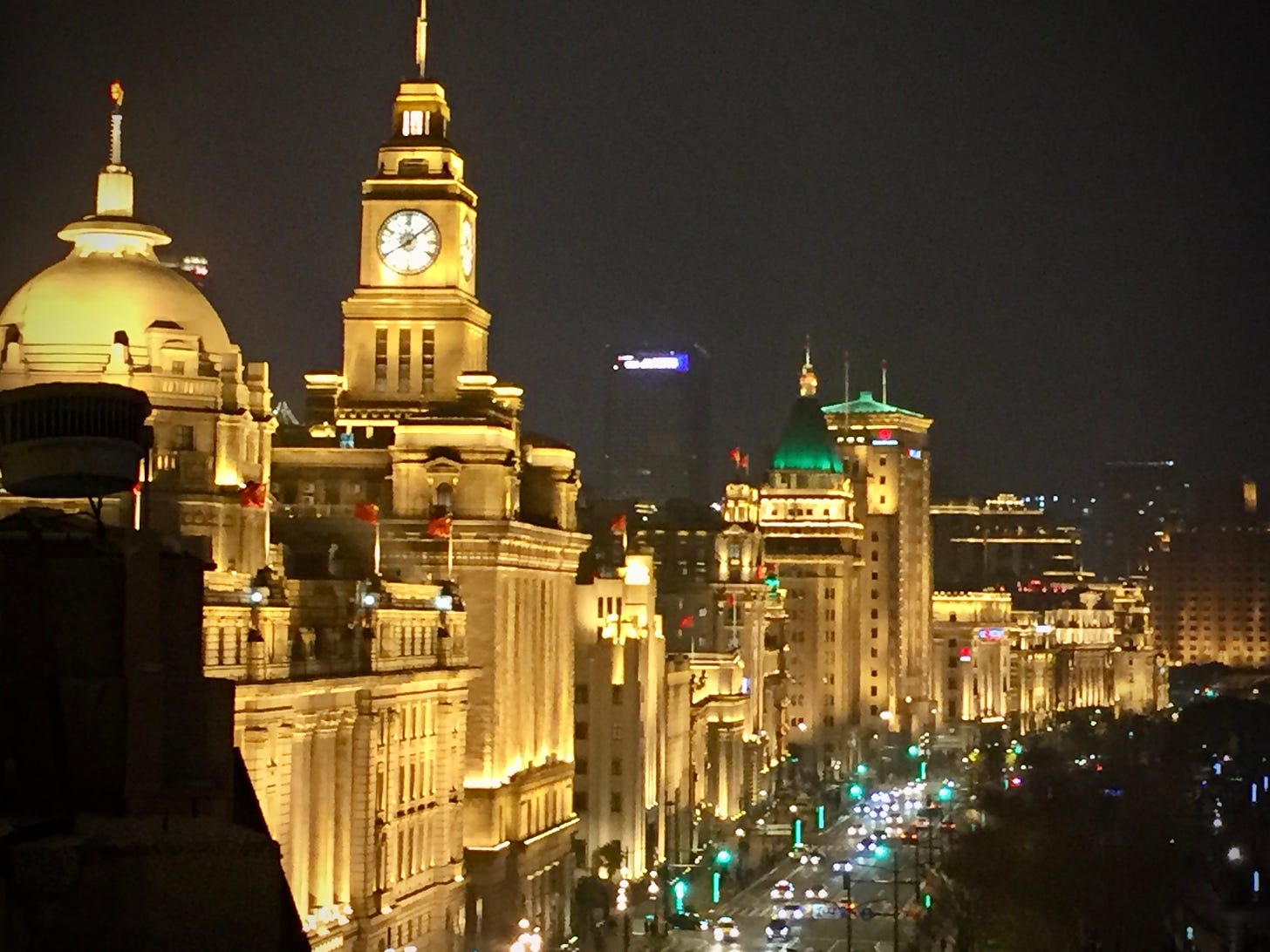 The Bund in Shanghai lit at night.