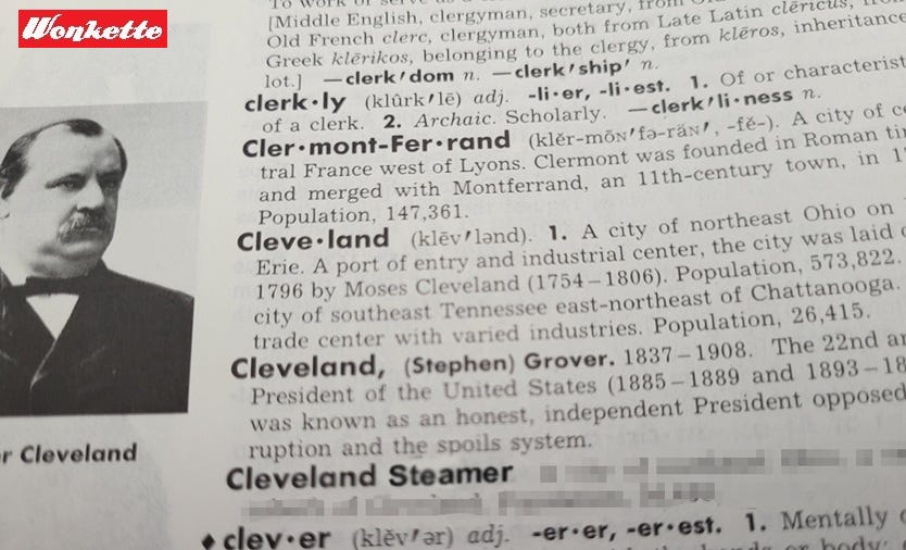 Dictionary page photoshopped to replace 'Cleveland Heights' with 'Cleveland Steamer'