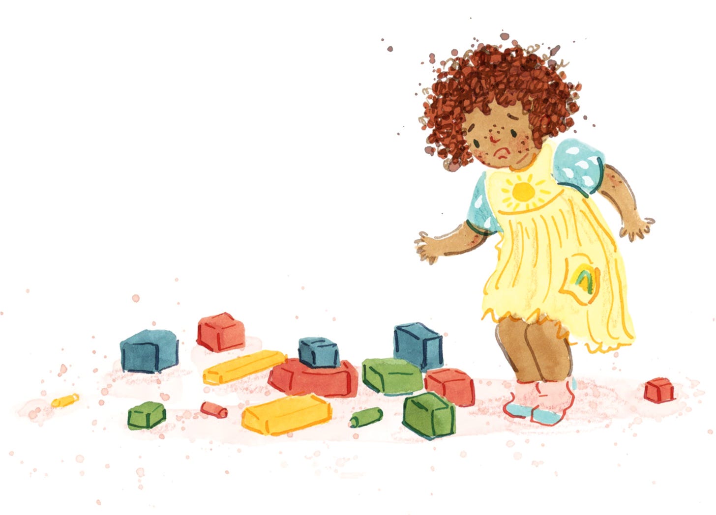 Upset toddler standing next to collapsed tower of blocks. Illustration by Nanette Regan from It's Your Time to Shine by Dianne White