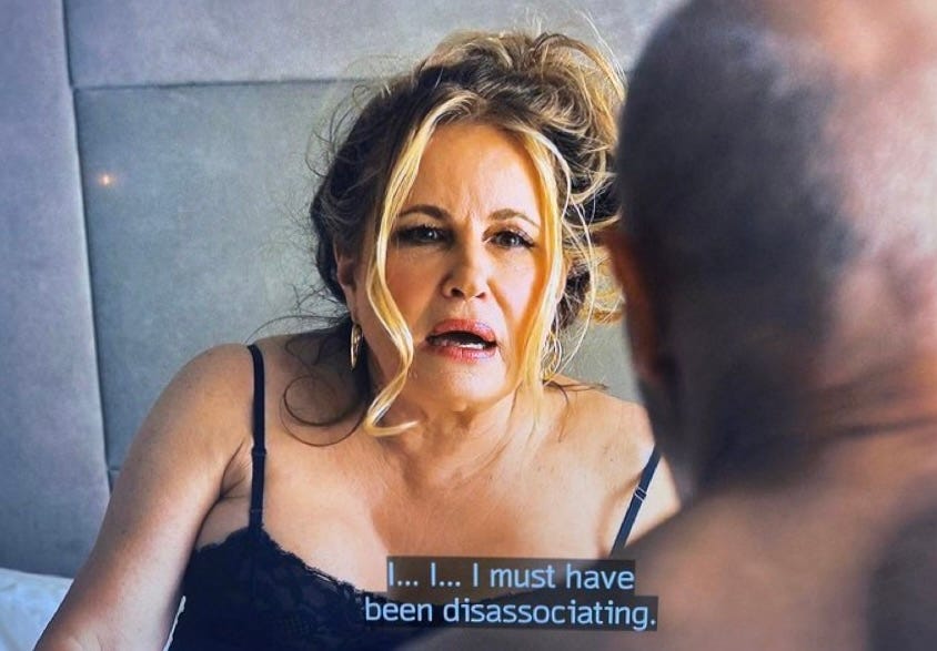 screen grab from white lotus season 2. tonya is sitting on her bed looking disheveled. the bottom text reads "I...I....I must have been dissociating"