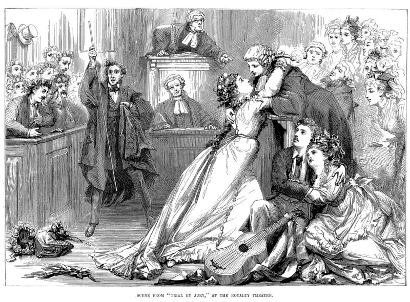 Per Wikipedia: ' An engraving by D. H. Friston of Gilbert and Sullivan's Trial by Jury, shortly after its première'