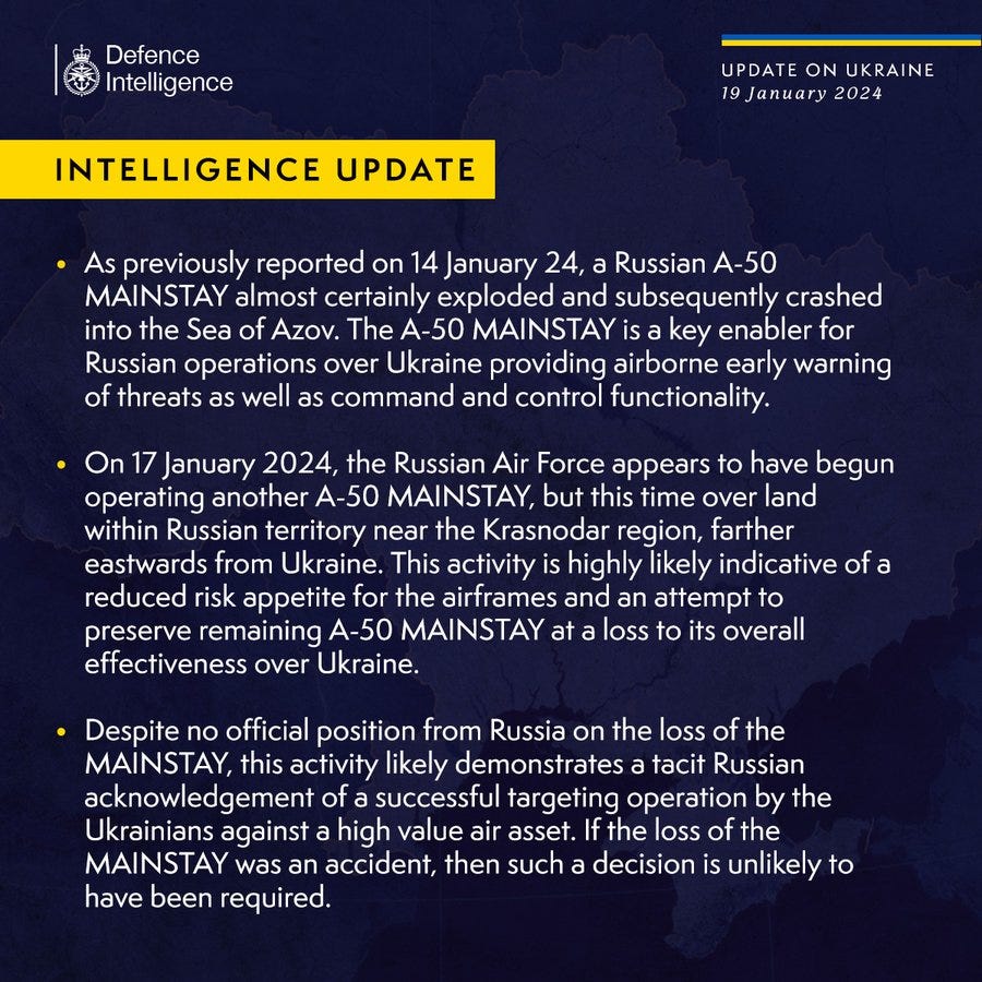 As previously reported on 14 January 24, a Russian A-50 MAINSTAY almost certainly exploded and subsequently crashed into the Sea of Azov. The A-50 MAINSTAY is a key enabler for Russian operations over Ukraine providing airborne early warning of threats as well as command and control functionality.
On 17 January 2024, the Russian Air Force appears to have begun operating another A-50 MAINSTAY, but this time over land within Russian territory near the Krasnodar region, farther eastwards from Ukraine. This activity is highly likely indicative of a reduced risk appetite for the airframes and an attempt to preserve remaining A-50 MAINSTAY at a loss to its overall effectiveness over Ukraine.
Despite no official position from Russia on the loss of the MAINSTAY, this activity likely demonstrates a tacit Russian acknowledgement of a successful targeting operation by the Ukrainians against a high value air asset...