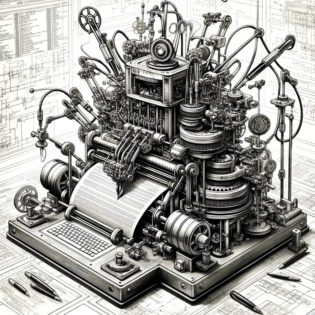 A black and white sketch depicting a complex machine designed specifically for filling out forms. This machine features an assortment of mechanical arms, each equipped with different writing instruments. It has a central processing unit that appears to be analyzing a form placed on a stand in front of it. The machine is surrounded by gears, levers, and rollers, suggesting a variety of functions and movements. The scene captures the machine in action, with one arm poised to start writing, while others are preparing or adjusting tools. The background is filled with schematic drawings and notes, emphasizing the machine's technical nature.