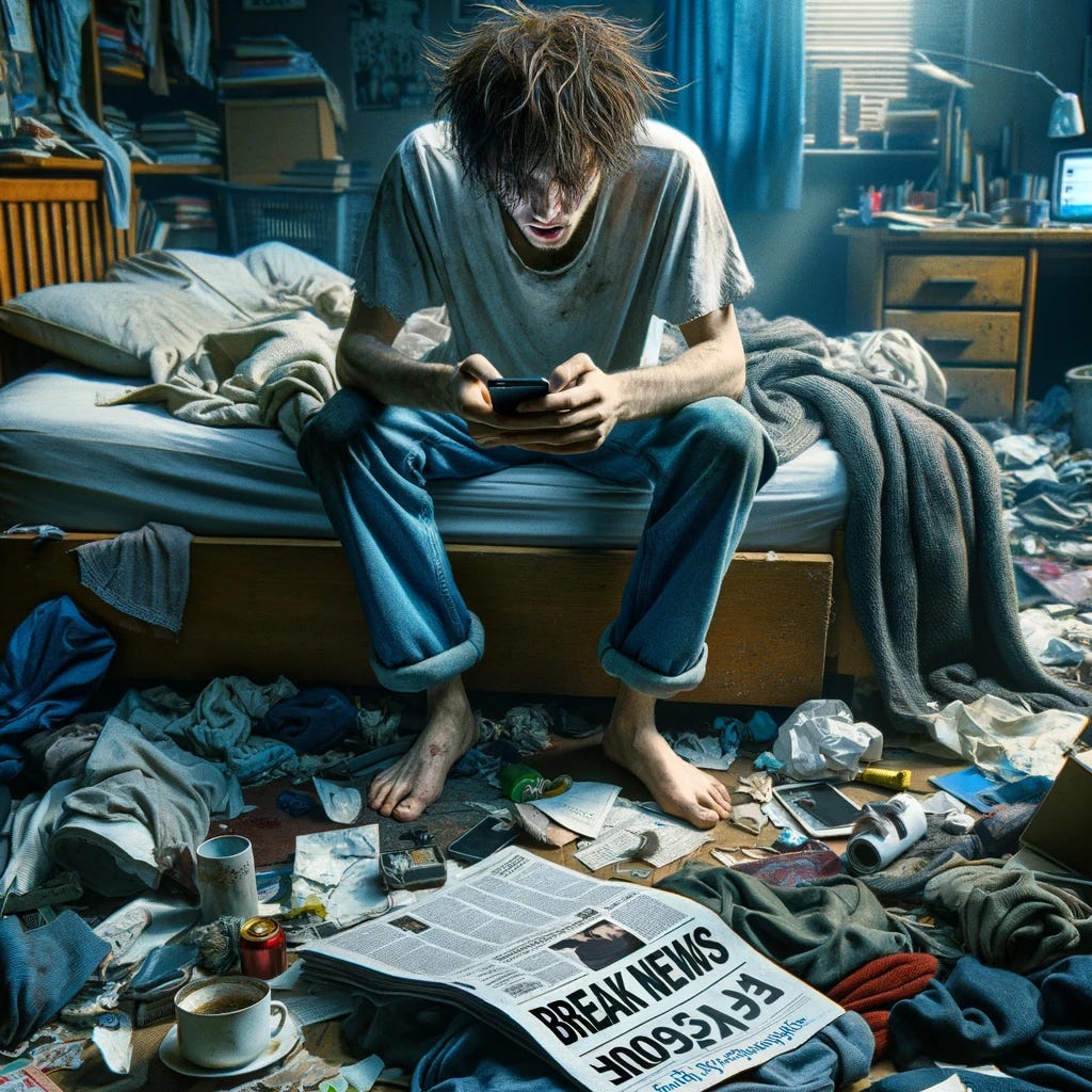 A disheveled person sits on the edge of a messy bed in a chaotic bedroom. Their hair is unkempt, clothes slightly wrinkled, reflecting their disordered surroundings. They hold a smartphone in one hand, displaying an open Twitter app, while a paper newspaper lies beside them, the headline 'BREAK NEWS' prominently visible. The room is filled with clutter: clothes strewn about, books piled haphazardly, and random objects scattered everywhere, embodying a sense of disarray.
