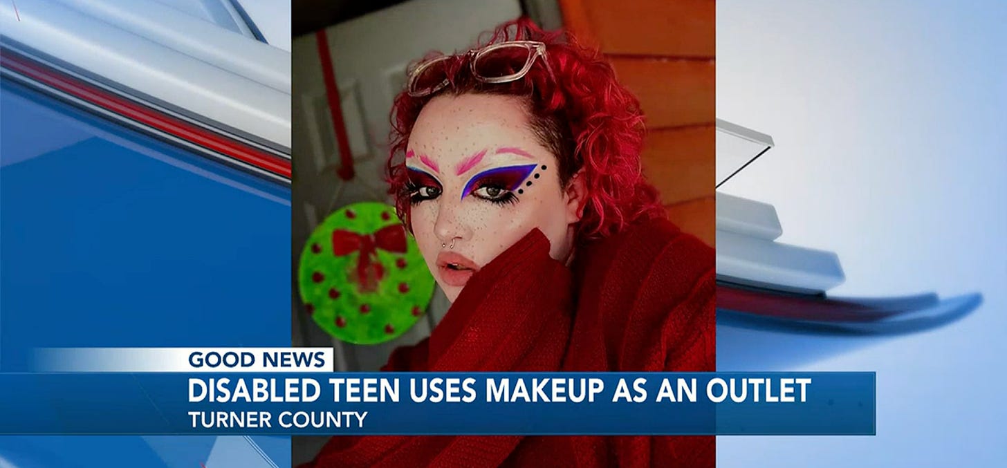 A still from a local news segment features a white woman with striking makeup, including an exaggerated eye hood and crease and sliced-up pink brows.